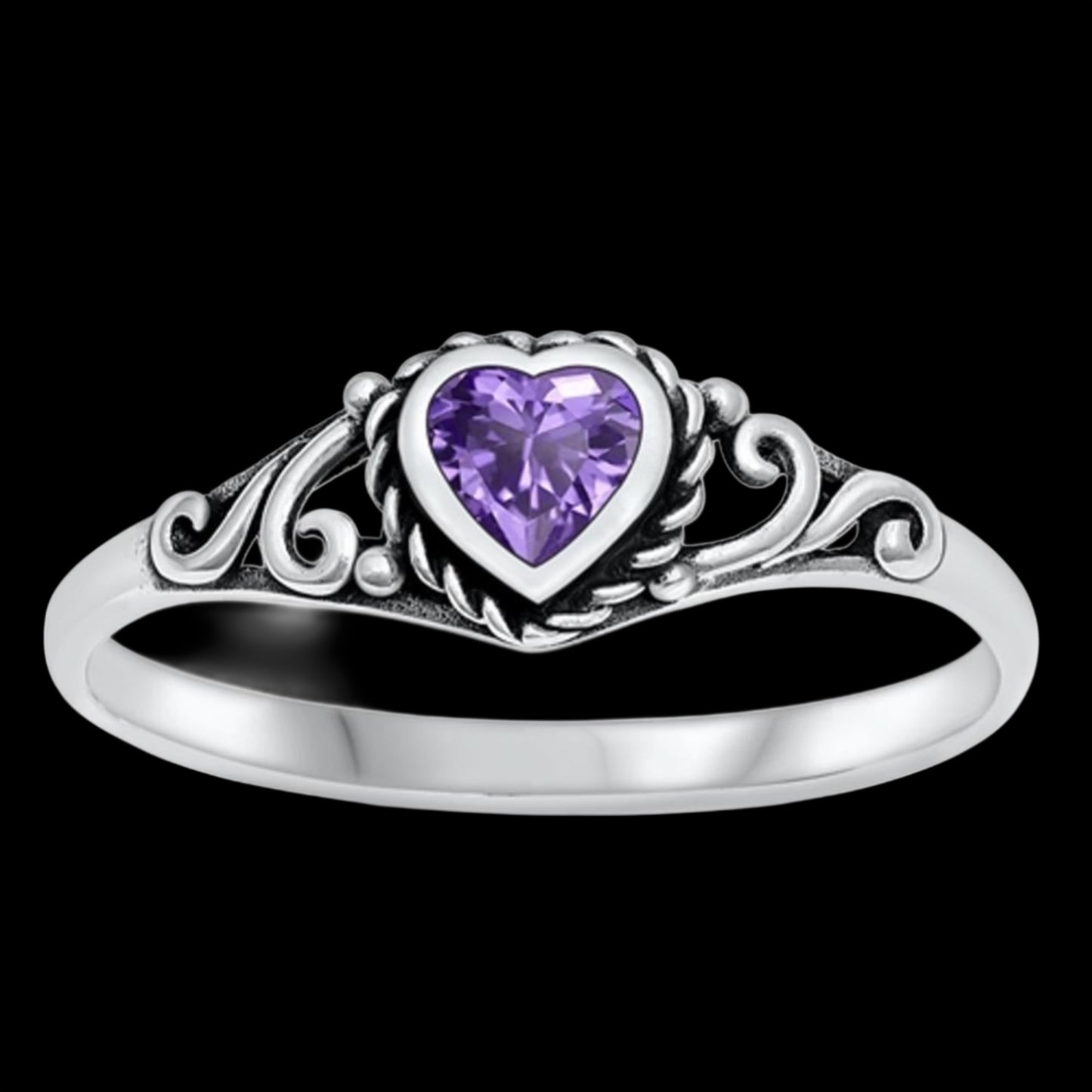 Purple CZ Heart Sterling Silver Ring .925