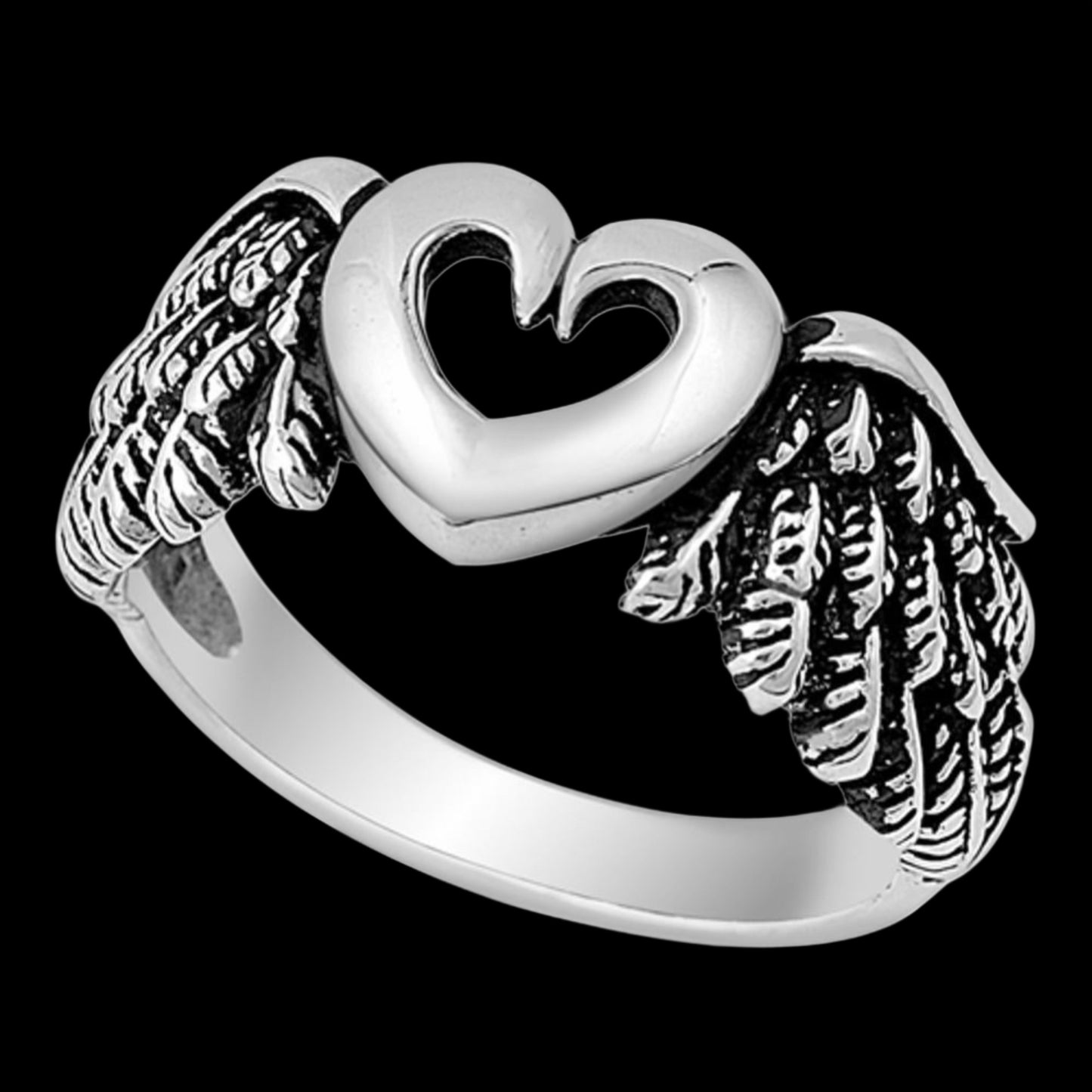 Heart Angel Wings Biker Sterling Silver Ring