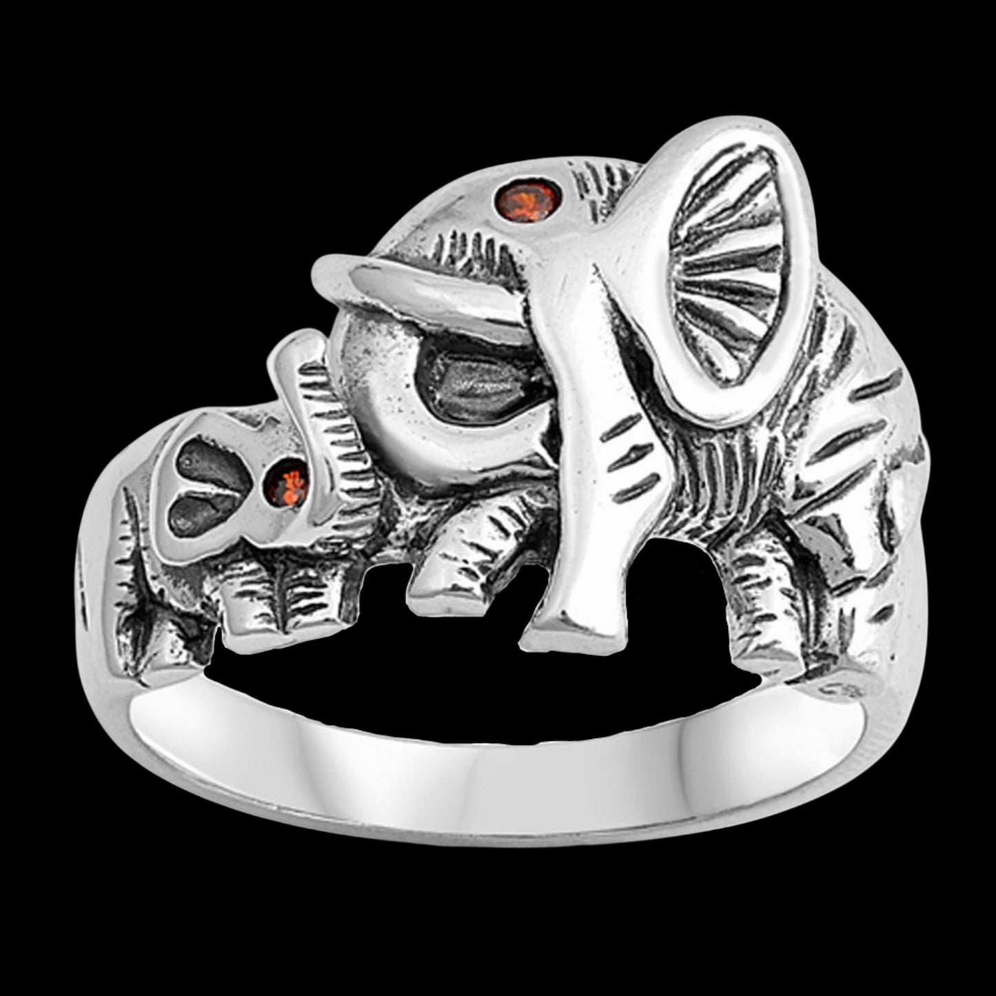 Garnet CZ Elephant Mother and baby Elephant Sterling Silver Ring