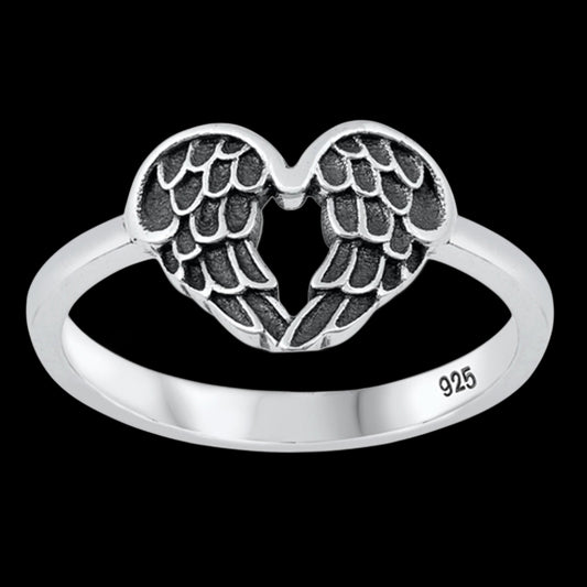 Oxidized Feather Heart Angel Wing Sterling Silver Band Ring