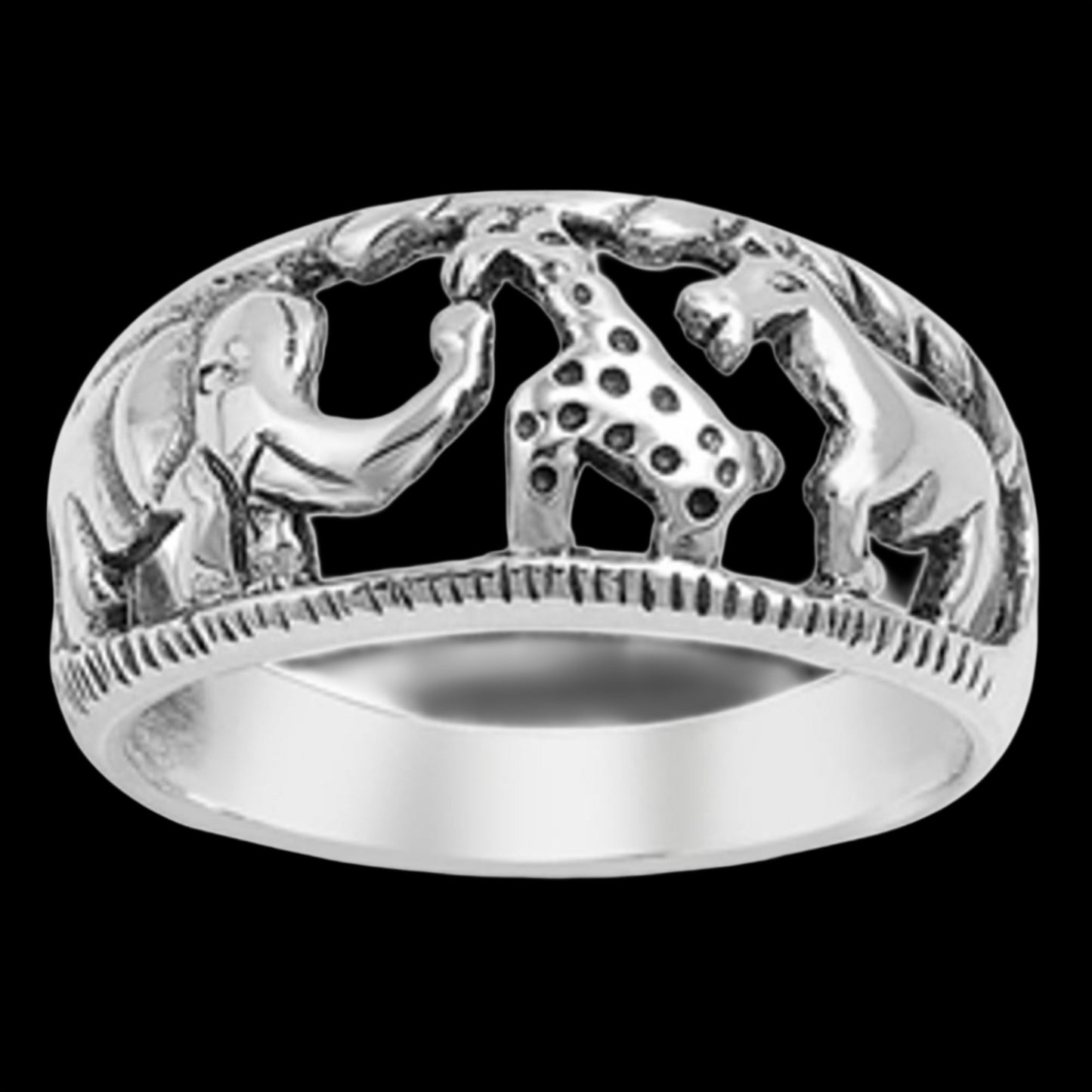 Elephant Giraffe African Animal Savanna Sterling Silver Band Ring