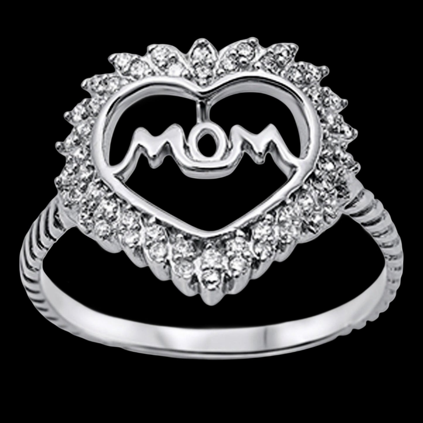 Heart Love MOM White CZ Sterling Silver Ring