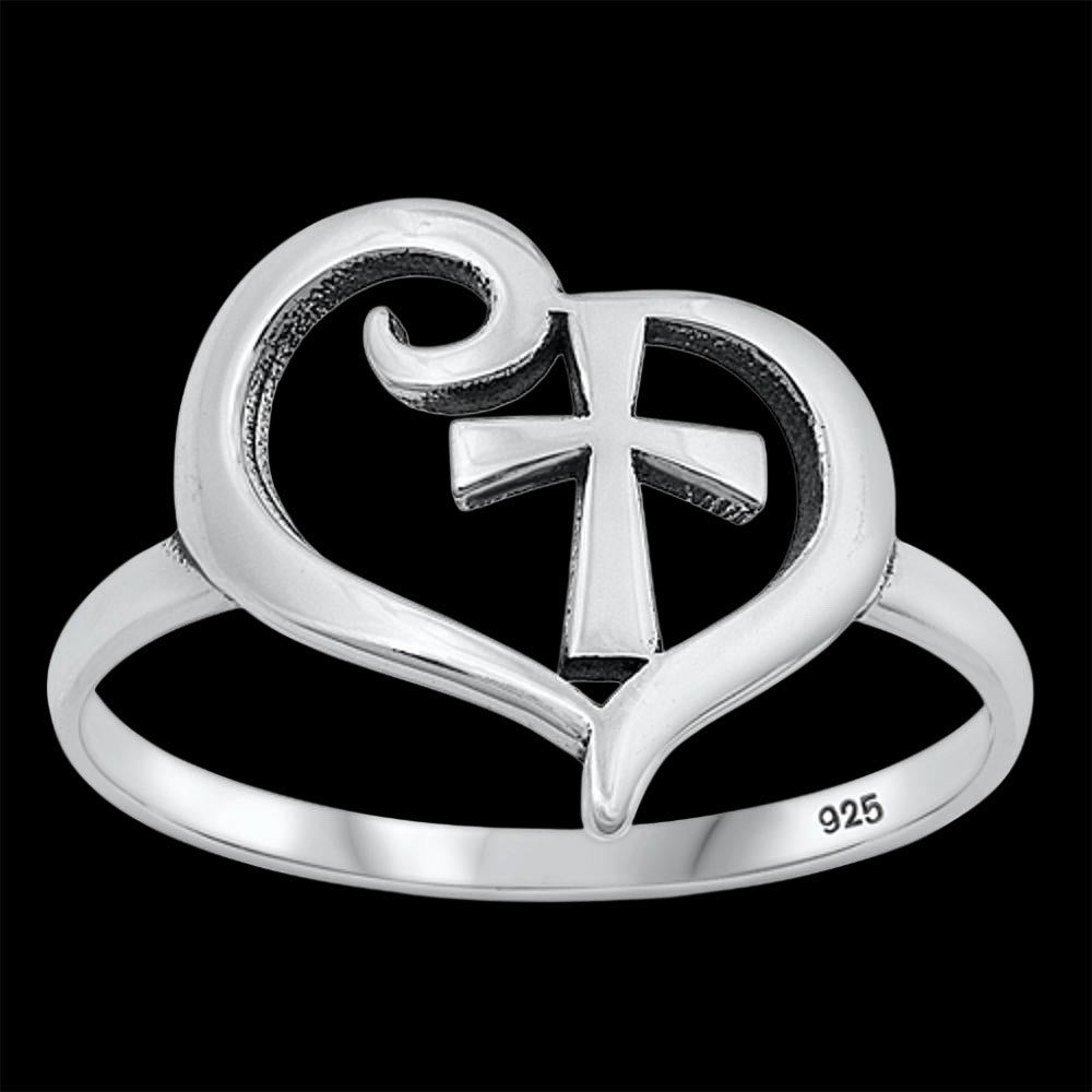 Heart Cross Sterling Silver Ring