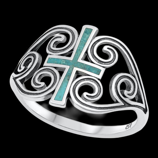 Turquoise Heart Cross Sterling Silver Ring