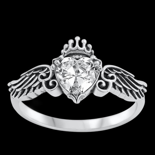 White CZ Heart Angel Wings Sterling Silver Ring